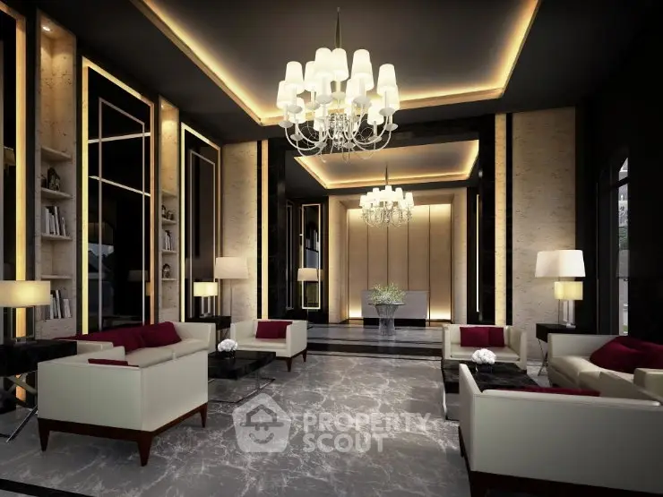 Luxurious modern living room with elegant chandeliers and stylish furniture