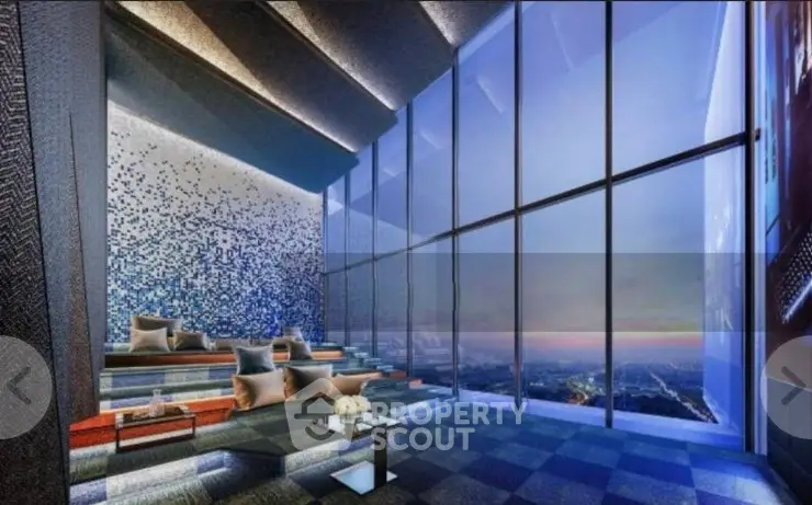Luxurious high-rise living room with panoramic city views and modern design.