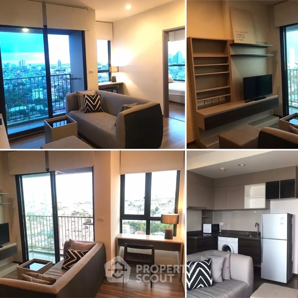 Modern apartment with stunning city views, open living area, and sleek kitchen appliances.