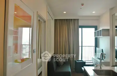 Modern living room with balcony view and sleek interior design