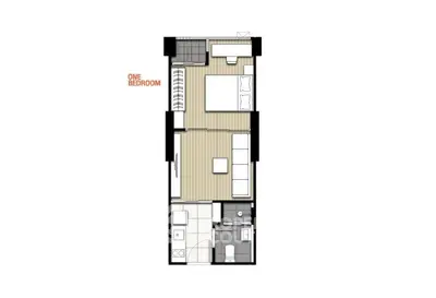 Modern one-bedroom apartment floor plan with efficient layout and stylish design.