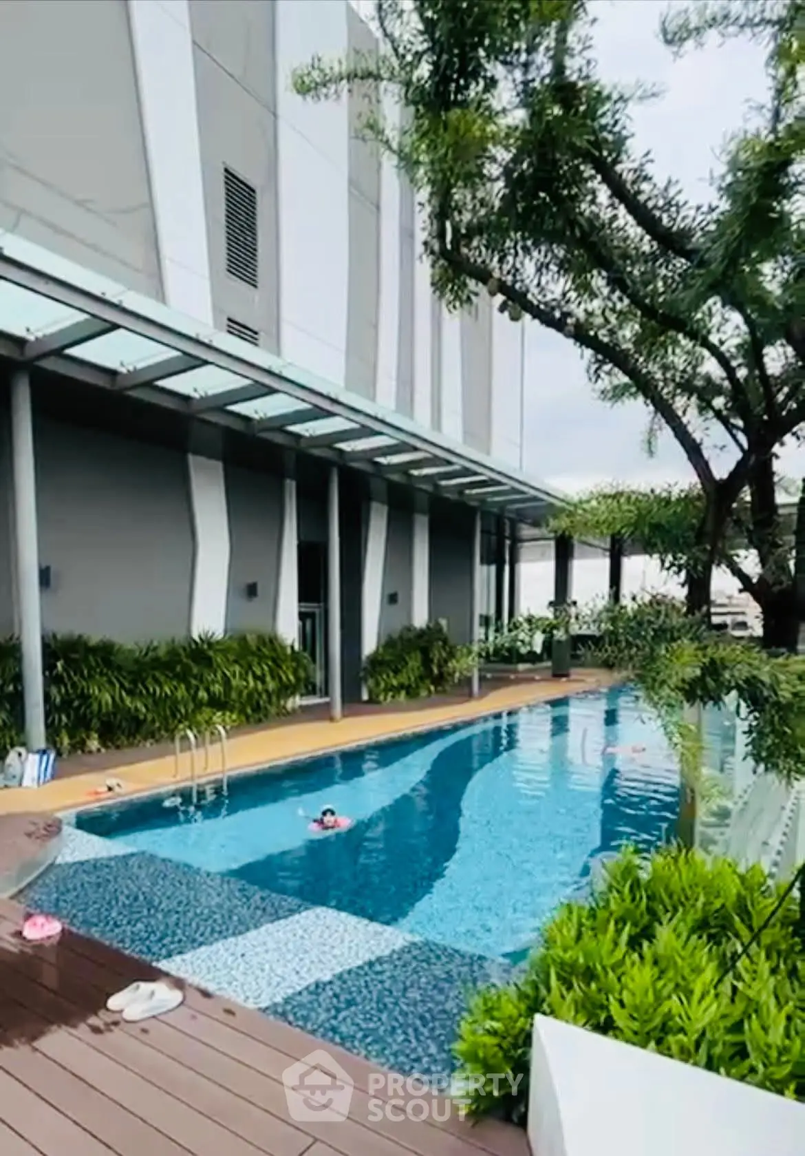 Luxurious modern apartment pool with lush greenery and sleek architecture.