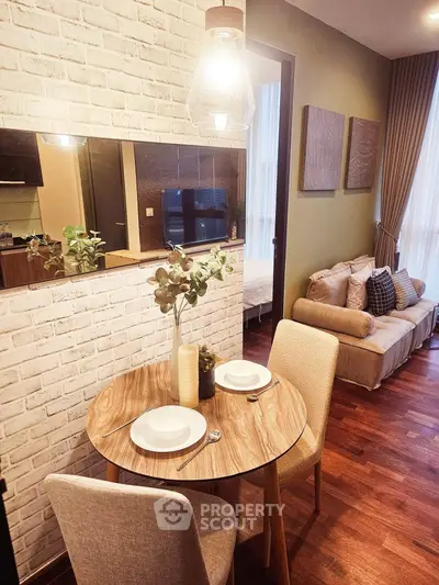 Chic modern living room with cozy dining area and stylish decor