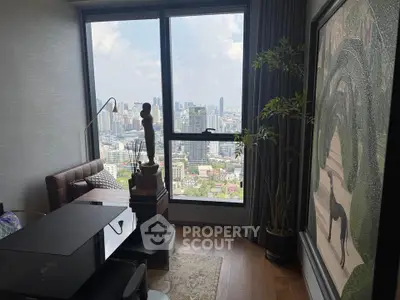 Luxurious high-rise apartment with stunning city view and elegant interior decor.