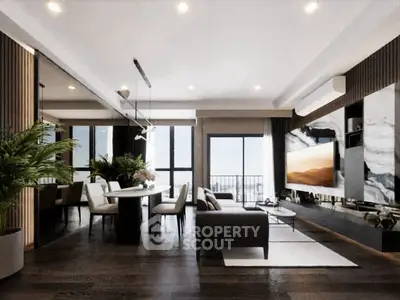 Luxurious modern living room with open layout, elegant dining area, and large windows offering natural light.