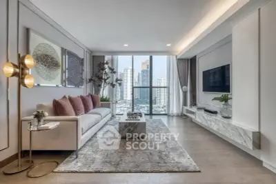Luxurious modern living room with city view, elegant decor, and spacious layout.