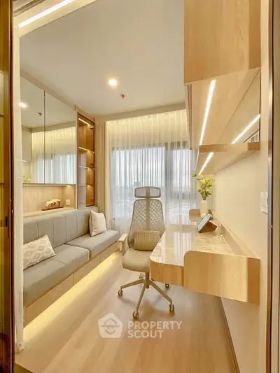 Modern study room with sleek wooden desk and comfortable chair, featuring large windows and stylish shelving.