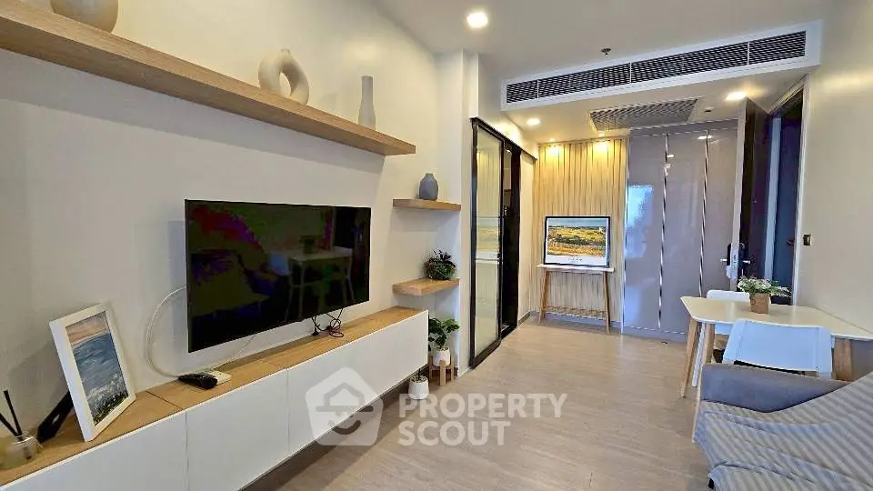 Modern living room with sleek TV setup and stylish decor