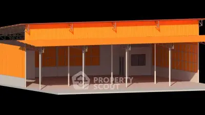 Modern industrial warehouse with vibrant orange facade and spacious interior layout.