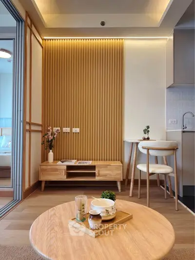 Modern living room with stylish wooden furniture and cozy ambiance