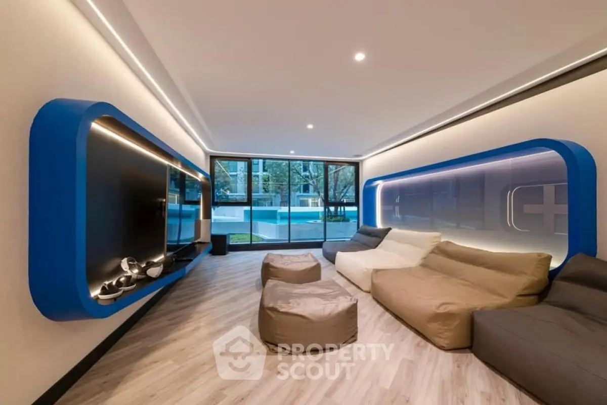 Modern living room with sleek design and pool view