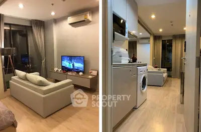 Modern living room with sleek furniture and integrated kitchen appliances