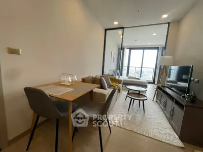 Modern living room with cozy dining area and stylish decor