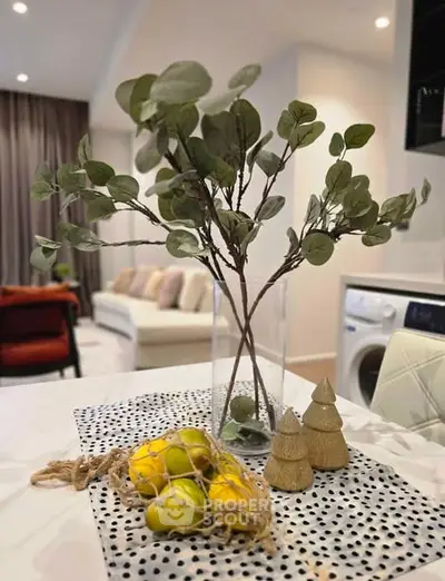 Stylish modern living room with elegant decor and washing machine in view.