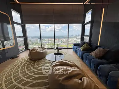 Luxurious living room with panoramic city view and modern furnishings