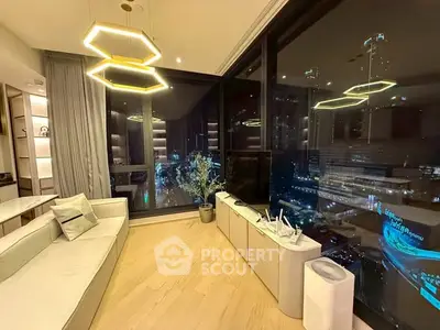 Luxurious modern living room with stunning city view and elegant lighting