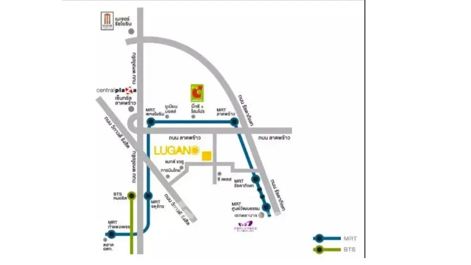 Map showing Lugano property location near MRT and BTS stations in vibrant area.
