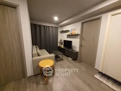 Cozy modern living room with sleek furniture and ambient lighting