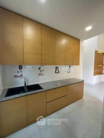 Modern kitchen with sleek wooden cabinets and granite countertop, perfect for culinary enthusiasts.