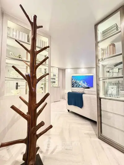 Luxurious living room with modern decor and unique wooden coat rack