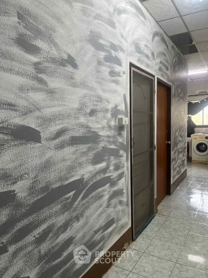 Modern hallway with artistic wall design and washing machine in the background.