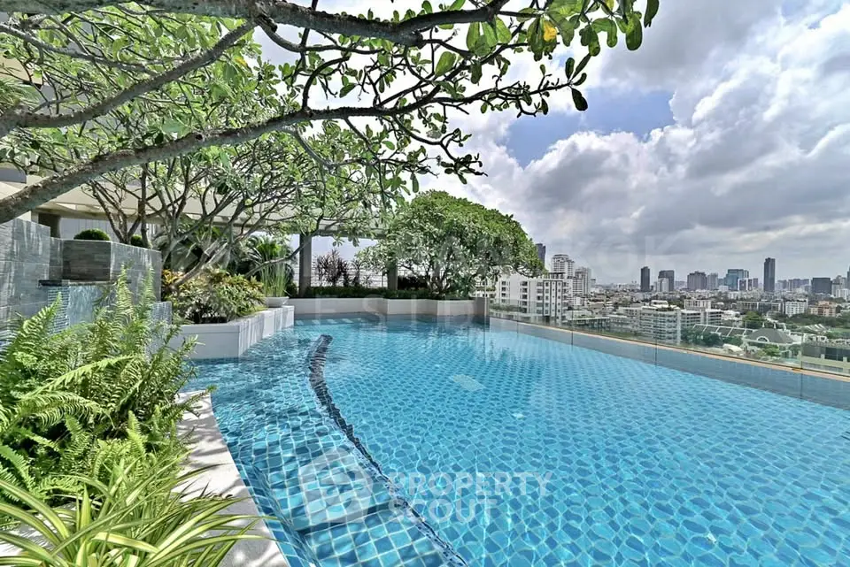 Luxurious rooftop infinity pool with stunning city skyline view and lush greenery.