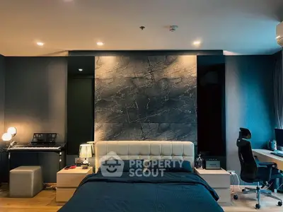 Luxurious bedroom with modern decor and stylish workspace
