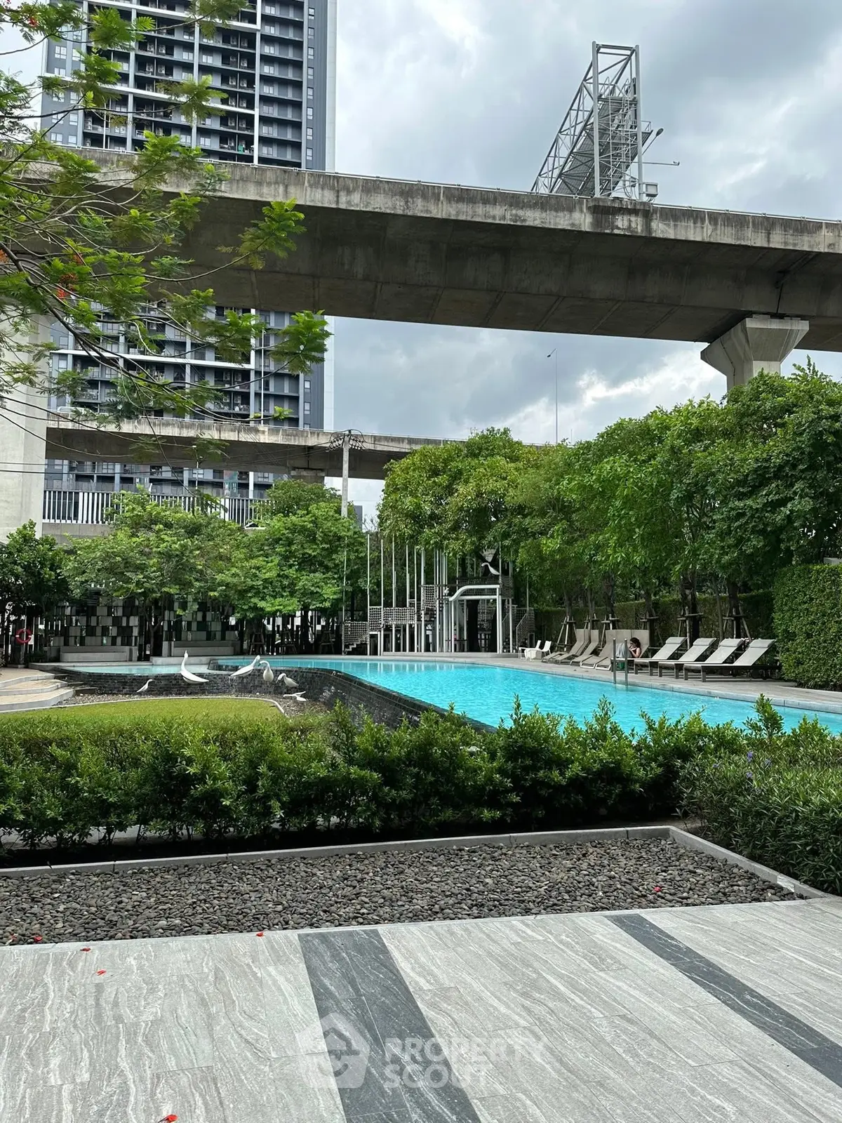 Luxurious urban apartment complex with a stunning outdoor pool and lush greenery, perfect for relaxation.