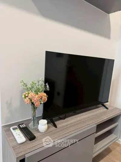 Modern living room with sleek TV setup and stylish decor