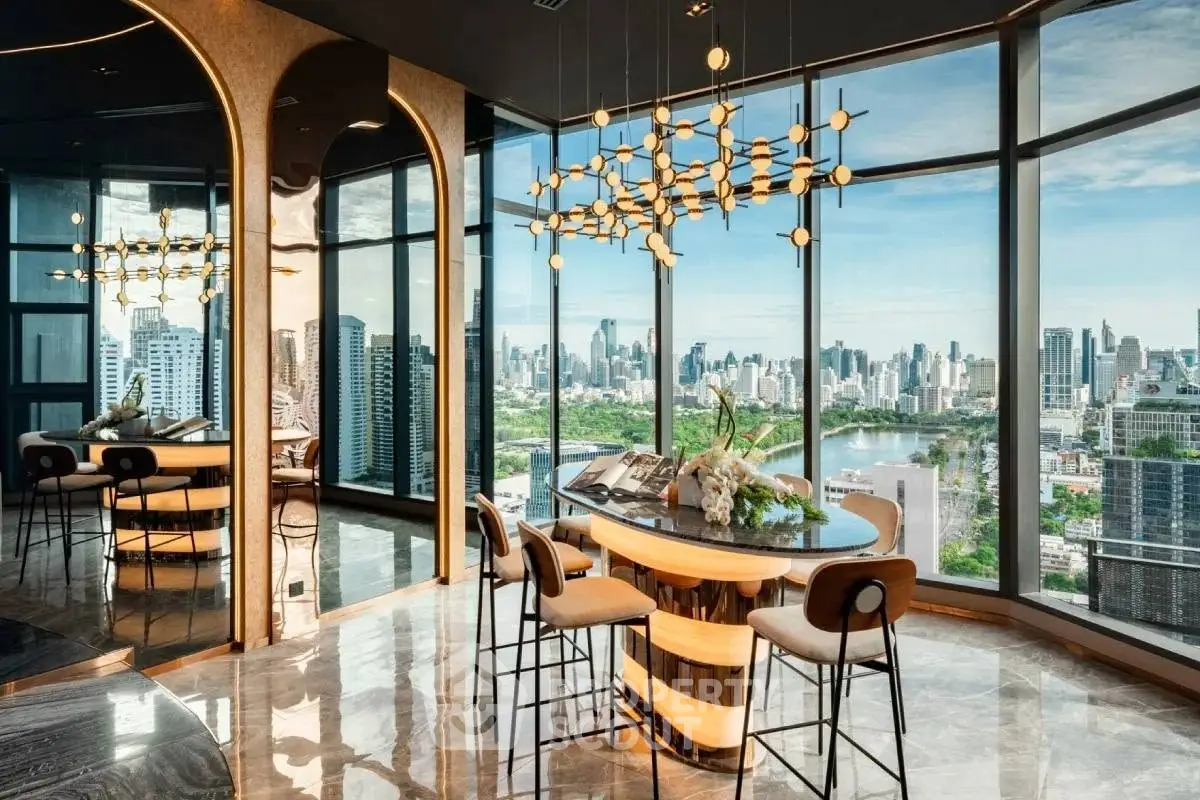 Luxurious high-rise apartment with panoramic city views and elegant modern interior design.