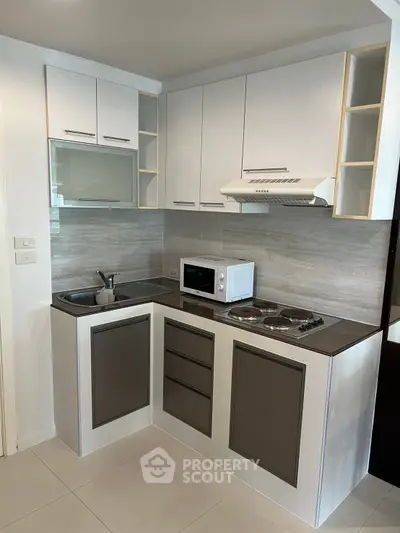 Modern kitchen with sleek cabinetry, electric stove, and microwave in a compact layout.