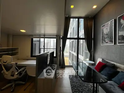 Modern living room with city view, stylish decor, and natural light