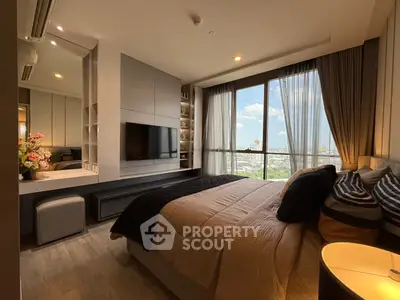 Luxurious bedroom with stunning city view and modern decor