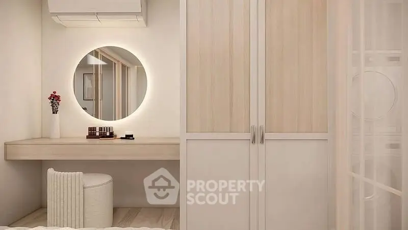 Elegant bedroom with modern vanity and built-in wardrobe