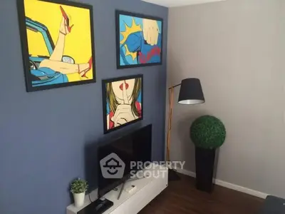Stylish living room with pop art decor and modern furnishings