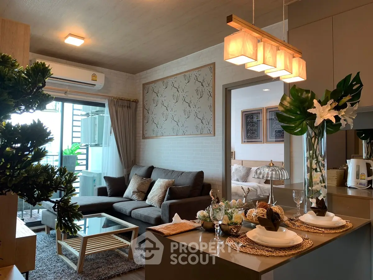 Stylish modern living room with open kitchen and elegant decor