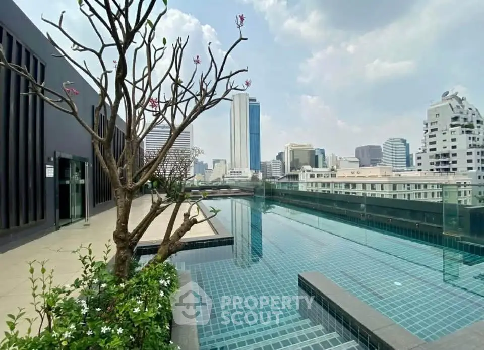 Stunning rooftop pool with city skyline views in modern urban setting.