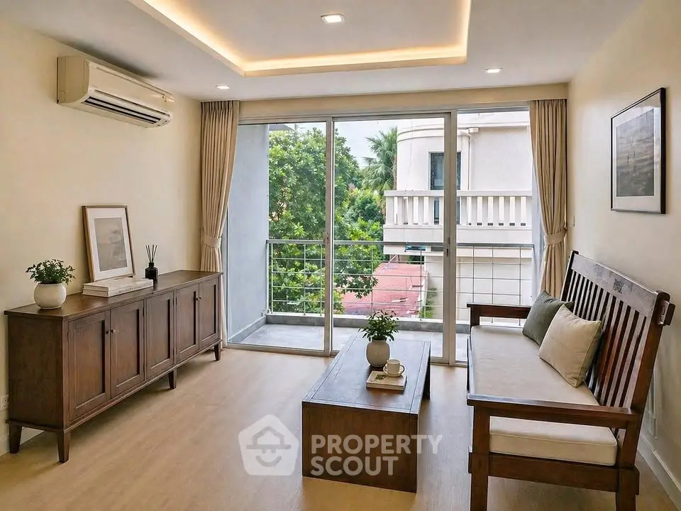Charming living room with modern decor and large windows opening to a balcony view.