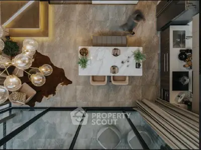 Luxurious modern kitchen with sleek design and elegant dining area, featuring open layout and stylish decor.