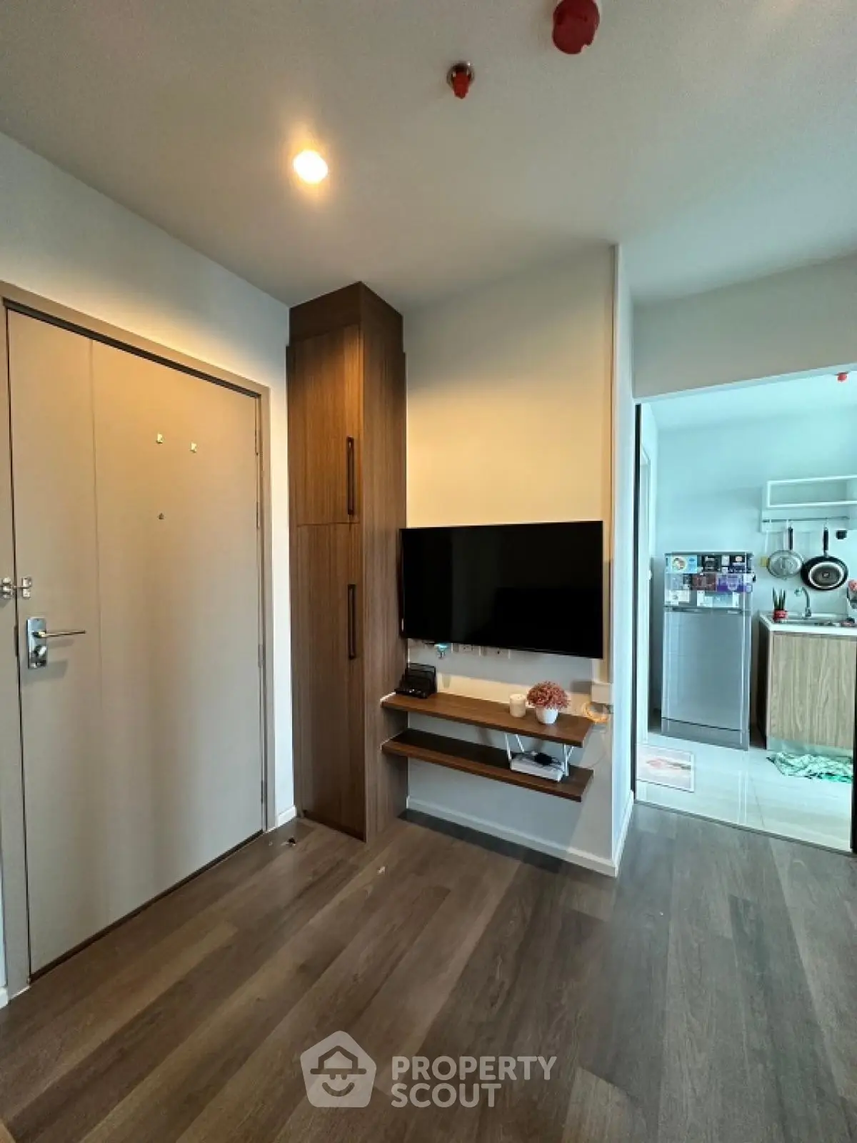 Modern apartment entrance with sleek wooden flooring and wall-mounted TV