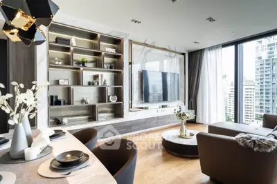 Luxurious modern living room with elegant decor and city view