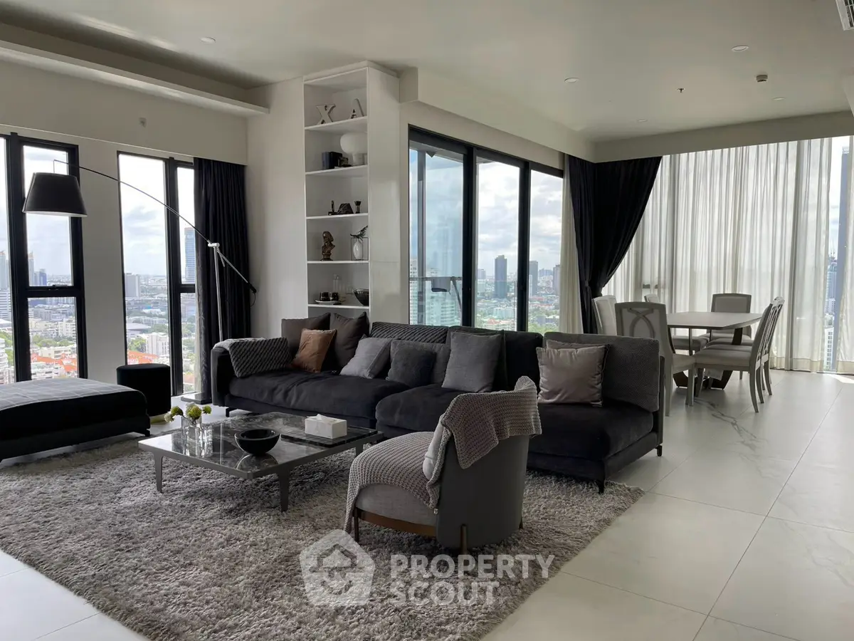 Luxurious modern living room with panoramic city views and elegant decor