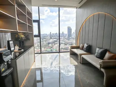 Luxurious living room with stunning city view and modern decor