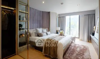 Luxurious bedroom with modern decor, large window, and elegant furnishings.
