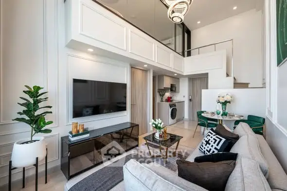 Luxurious modern living room with high ceilings and elegant decor