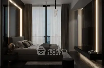 Luxurious modern bedroom with floor-to-ceiling windows and ambient lighting.