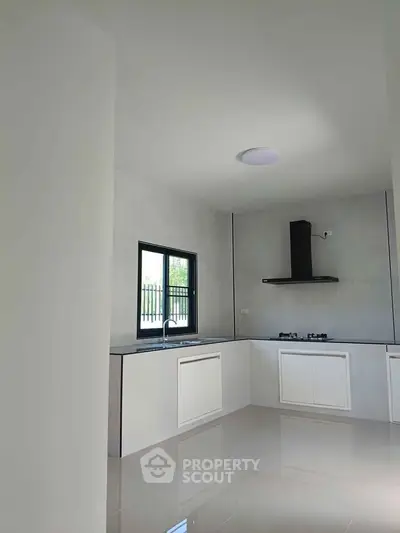 Modern kitchen with sleek design, featuring gas stove and ample natural light, perfect for culinary enthusiasts.