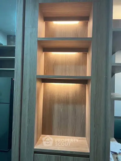 Modern wooden shelving unit with built-in lighting, perfect for stylish home storage solutions.