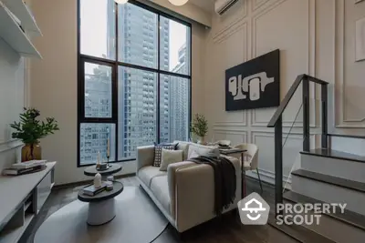 Modern living room with high ceilings and city view, featuring stylish decor and large windows.