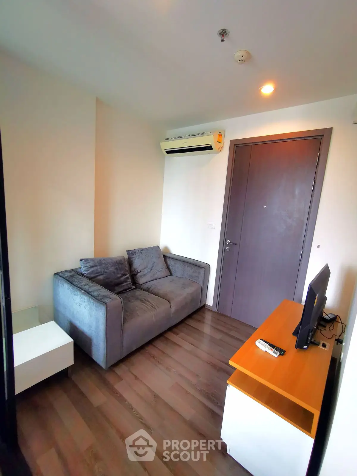 Cozy living room with modern sofa and TV, perfect for relaxation.